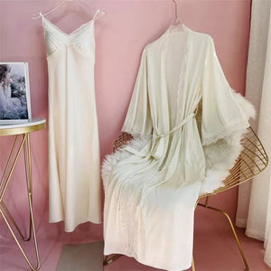 Sexy Lace Satin Nightgown & Robe Set - Foxy Beauty