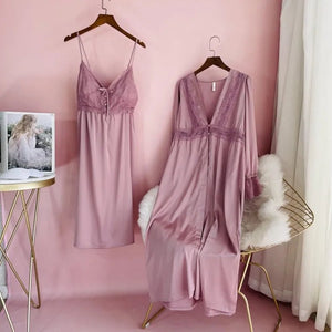 Sexy Lace Satin Nightgown & Robe Set