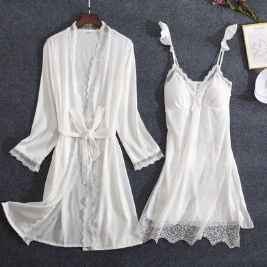 White Lace Wedding Kimono Robe Set - Foxy Beauty