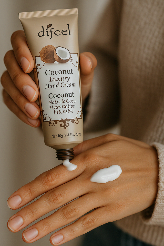A close-up of a woman applying Difeel Coconut Luxury Hand Cream onto the back of her hand, with the beige tube visible and cream being dispensed.