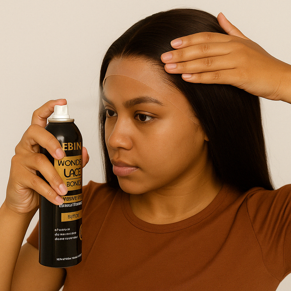 Young woman applying EBIN Wonder Lace Bond Adhesive Spray to secure a lace front wig, achieving a flawless and firm hold – ideal for long-lasting wig application in South African hair styling.