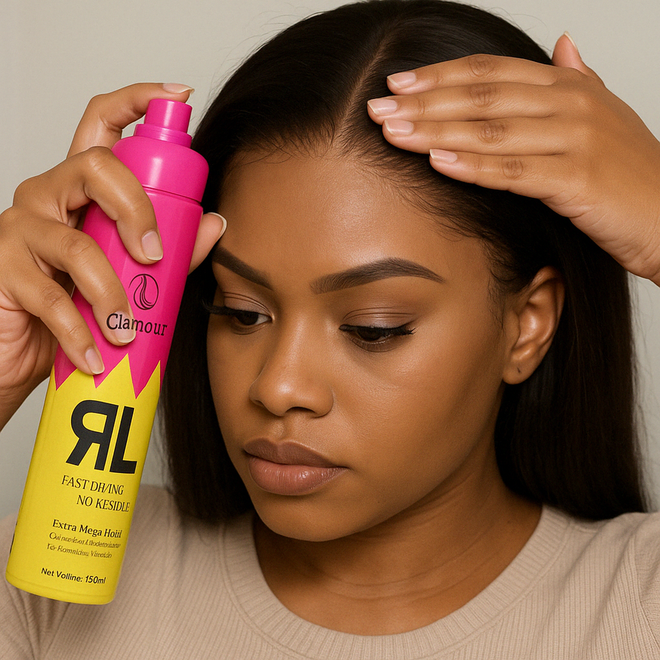 African American woman applying Glamour Frontal Lace Wig Freezing Glued Spray 150ML to secure her lace front wig, achieving a natural hairline finish.