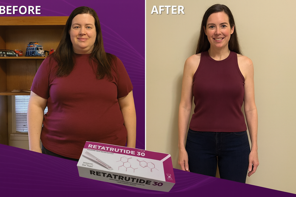Before and after comparison of a woman wearing a maroon top with a box labeled 'RETATRUTIDE 30' on a purple background.