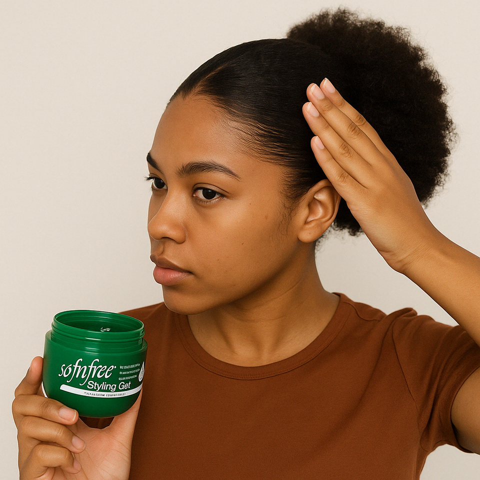 Young woman styling her natural hair with Sofn'free Styling Gel for sleek edges and maximum hold – ideal for non-flaking shine and definition in South African hair care.