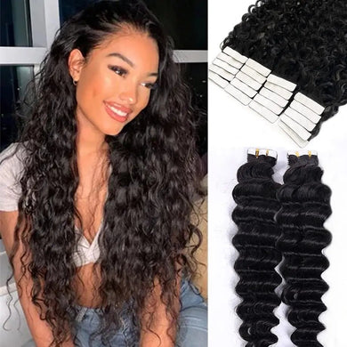 Deep Wave Remy Tape Hair Extensions - Foxy Beauty