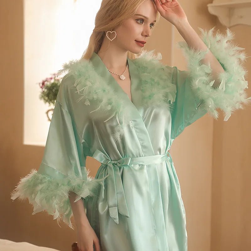 Feather Kimono Robe Satin Nightgown Loungewear