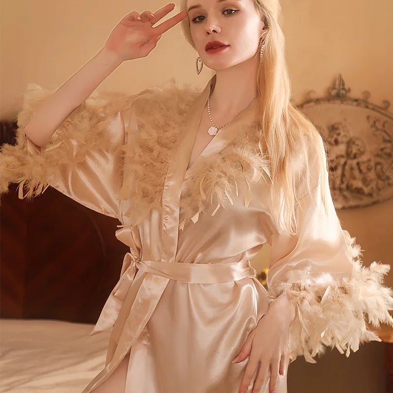 Feather Kimono Robe Satin Nightgown Loungewear