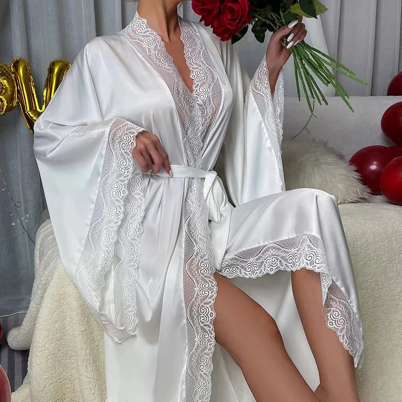 Satin Lace Bathrobe Sleepwear Lingerie White