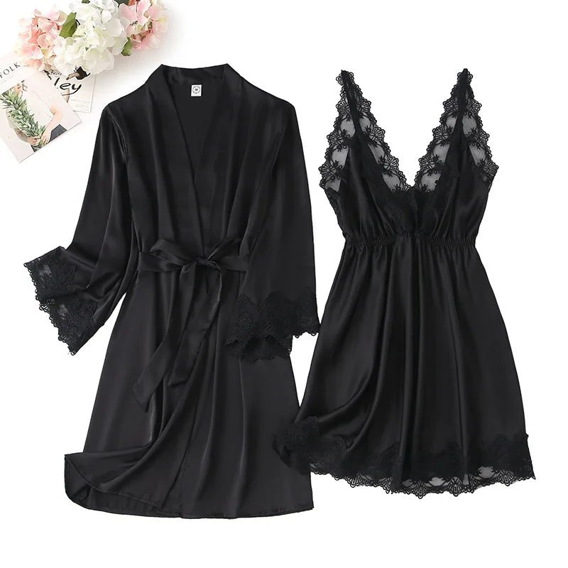Satin Lace Bridal Robe Sleepwear Set