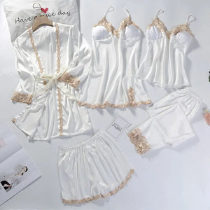 Satin Lace Sleepwear Robe Set White