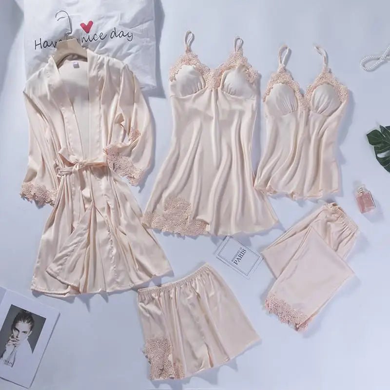 Satin Lace Sleepwear Robe Set White