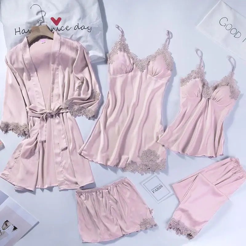 Satin Lace Sleepwear Robe Set White