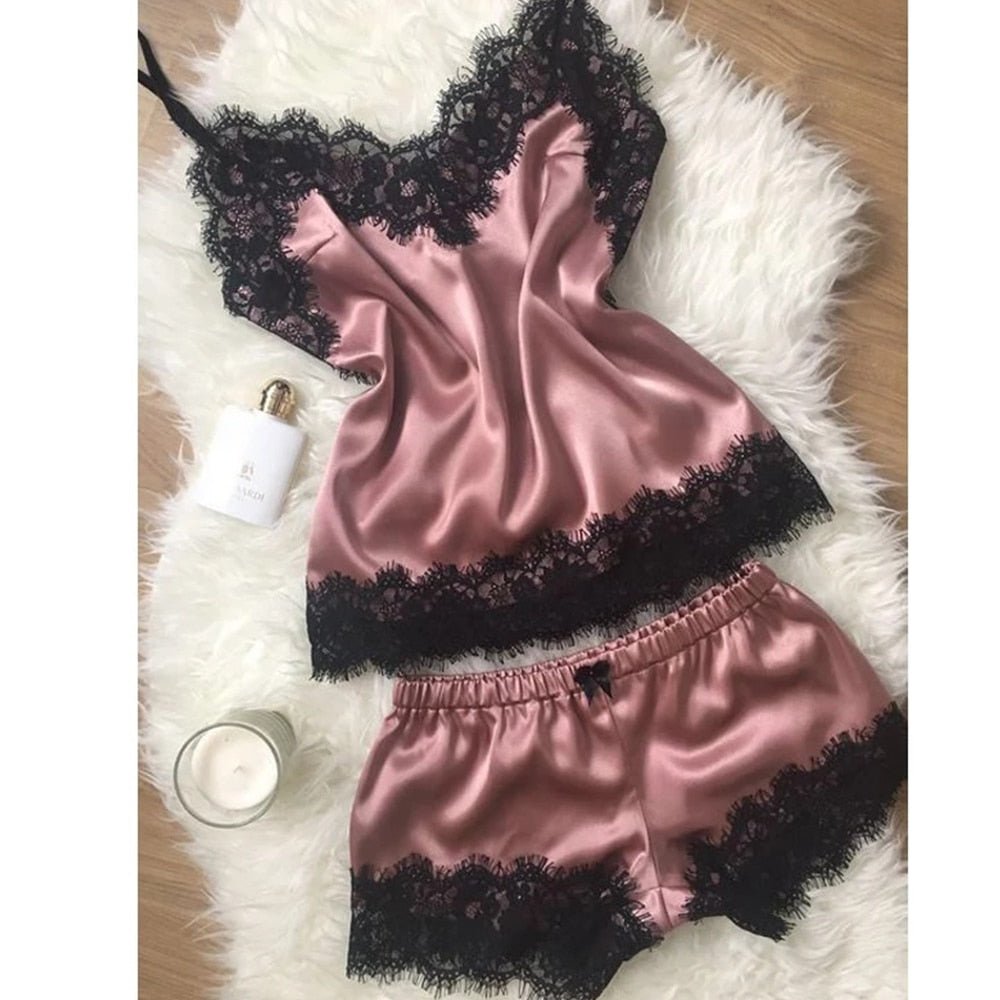 Sexy Satin Pajama Set with Lace Detail for Women