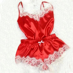 Sexy Satin Pajama Set with Lace Detail for Women red
