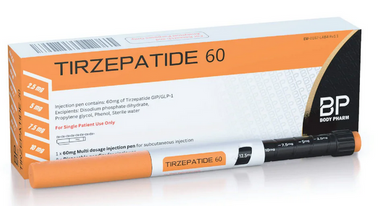 Tirzepatide 60 packaging with injection pen on a white background