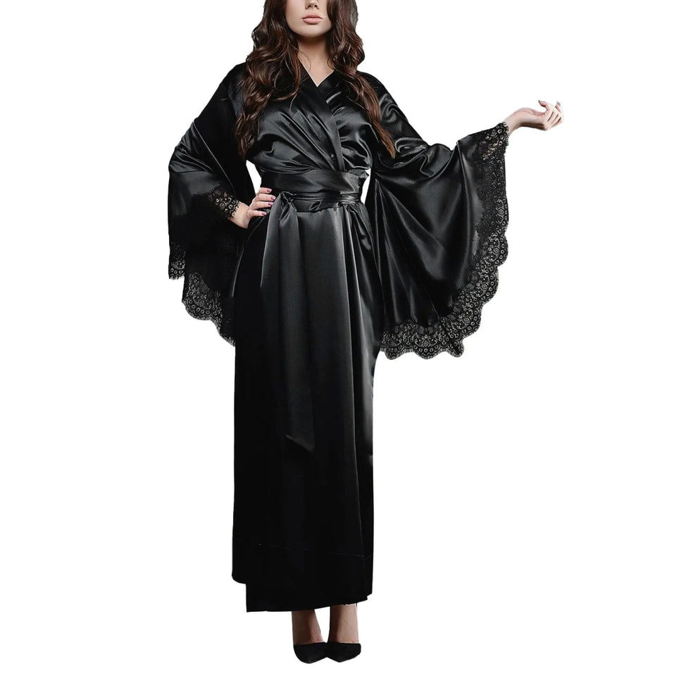 Women's Satin Silk Kimono Bathrobe Black